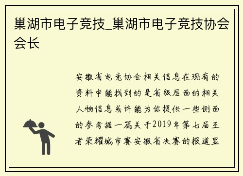 巢湖市电子竞技_巢湖市电子竞技协会会长